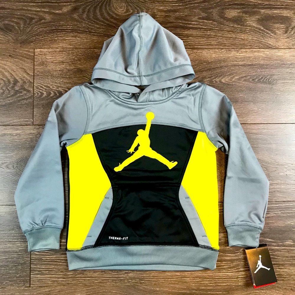 Jordan Therma-Fit Sportswear Boys Gray & Yellow Kangaroo Pocket Hoodie Sz 6 NEW